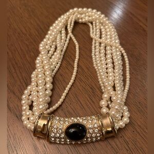 Rare 90s Art Deco Multi-Strand Faux Pearl, Onyx and CZ Necklace